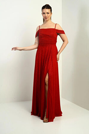 Kadın İp Askılı Eteği Kloş Astarlı Uzun Simli Elbise