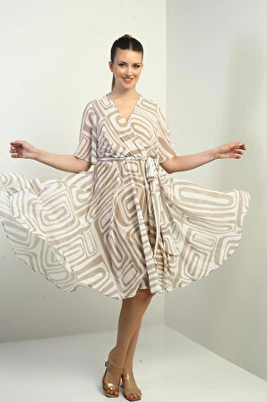 Kadın Kruvaze Yaka Beli Kuşaklı Astarlı Geometrik Desen Şifon Elbise