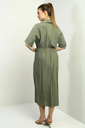 Kadın Tek Cepli Yarım Düğmeli Önü Yırtmaçlı Degrade Elbise