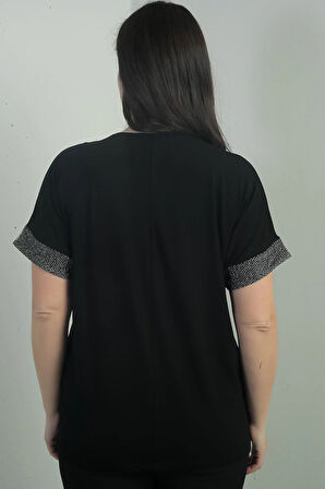 Kadın Yaka Ve Kol Ucu Simli File Detaylı Büyük Beden Bluz