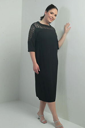 Kadın Yaka Ve Omuzu Pul Detaylı Yarım Kol Astarlı Krep Büyük Beden Midi Elbise