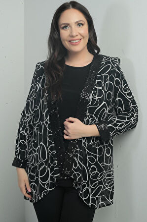 Kadın Önü Ve Kol Ucu Pulpayet Detaylı Soyut Desenli Şifon Ceket Uzun Kollu Likralı Bluz Büyük Beden 2'li Takım