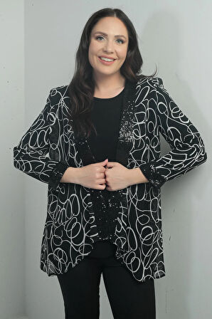 Kadın Önü Ve Kol Ucu Pulpayet Detaylı Soyut Desenli Şifon Ceket Uzun Kollu Likralı Bluz Büyük Beden 2'li Takım