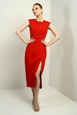 Kadın Kendinden Telalı Önü Yırtmaçlı Midi Elbise