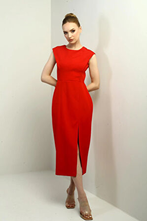 Kadın Kendinden Telalı Önü Yırtmaçlı Midi Elbise