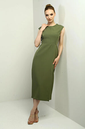 Kadın Kendinden Telalı Önü Yırtmaçlı Midi Elbise