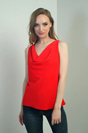 Kadın Degaje Yaka Kolsuz Krep Saten Bluz