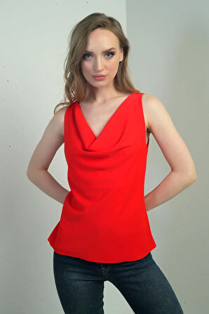 Kadın Degaje Yaka Kolsuz Krep Saten Bluz