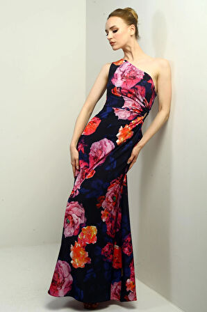 Kadın Tek Omuz Yandan Pencereli Büyük Çiçek Desenli Uzun Krep Saten Elbise