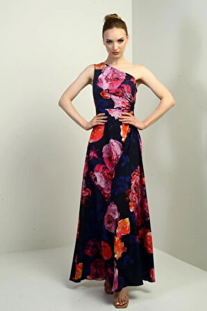 Kadın Tek Omuz Yandan Pencereli Büyük Çiçek Desenli Uzun Krep Saten Elbise