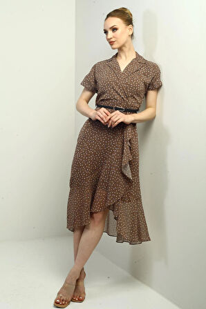 Kadın Kruvaze Yaka Astarlı Çıtır Desen Önü Volanlı Şifon Elbise