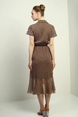 Kadın Kruvaze Yaka Astarlı Çıtır Desen Önü Volanlı Şifon Elbise