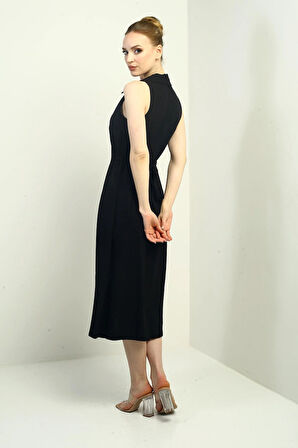 Kadın Polo Yaka Ön Pile Düğme Detaylı Midi Keten Elbise