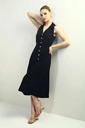 Kadın Polo Yaka Ön Pile Düğme Detaylı Midi Keten Elbise