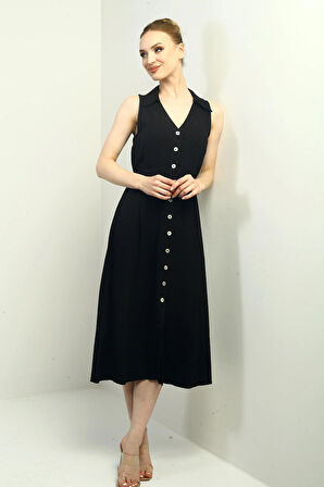 Kadın Polo Yaka Ön Pile Düğme Detaylı Midi Keten Elbise