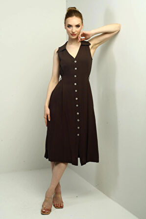 Kadın Polo Yaka Ön Pile Düğme Detaylı Midi Keten Elbise