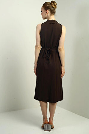 Kadın Polo Yaka Ön Pile Düğme Detaylı Midi Keten Elbise