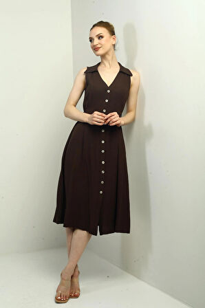 Kadın Polo Yaka Ön Pile Düğme Detaylı Midi Keten Elbise