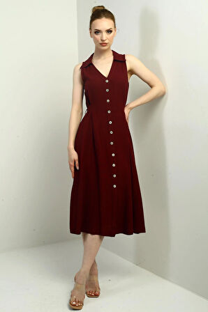 Kadın Polo Yaka Ön Pile Düğme Detaylı Midi Keten Elbise