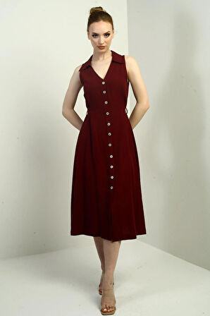 Kadın Polo Yaka Ön Pile Düğme Detaylı Midi Keten Elbise