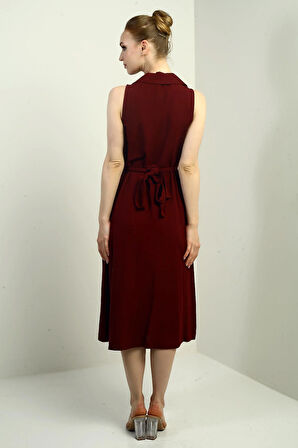 Kadın Polo Yaka Ön Pile Düğme Detaylı Midi Keten Elbise