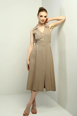 Kadın Polo Yaka Ön Pile Düğme Detaylı Midi Keten Elbise