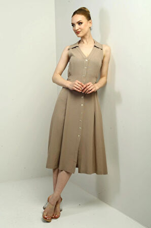 Kadın Polo Yaka Ön Pile Düğme Detaylı Midi Keten Elbise