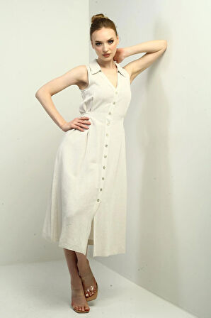 Kadın Polo Yaka Ön Pile Düğme Detaylı Midi Keten Elbise