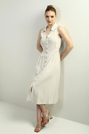 Kadın Polo Yaka Ön Pile Düğme Detaylı Midi Keten Elbise