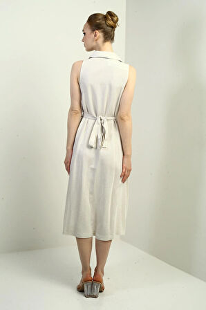 Kadın Polo Yaka Ön Pile Düğme Detaylı Midi Keten Elbise