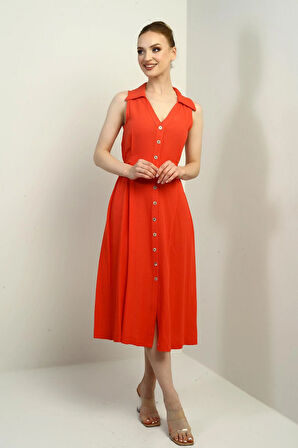 Kadın Polo Yaka Ön Pile Düğme Detaylı Midi Keten Elbise