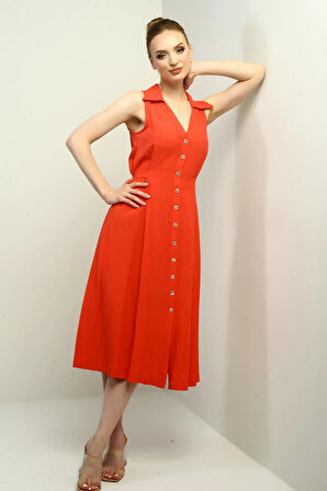 Kadın Polo Yaka Ön Pile Düğme Detaylı Midi Keten Elbise