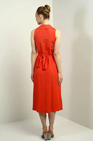 Kadın Polo Yaka Ön Pile Düğme Detaylı Midi Keten Elbise