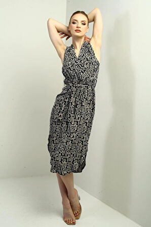 Kadın Kruvaze Yaka Beli Kuşaklı Etnik Desen Yanları Yırtmaçlı Viskon Midi Elbise