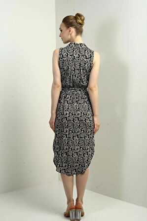 Kadın Kruvaze Yaka Beli Kuşaklı Etnik Desen Yanları Yırtmaçlı Viskon Midi Elbise