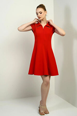 Kadın Önü Yarım Fermuar Ve Dantel Detaylı Kendinden Telalı Kısa Kloş Elbise