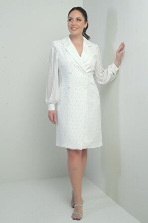 Kadın Kruvaze Yaka Önü Düğmeli Şifon Kollu Boncuklu Büyük Beden Kısa Elbise