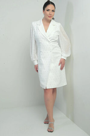 Kadın Kruvaze Yaka Önü Düğmeli Şifon Kollu Boncuklu Büyük Beden Kısa Elbise