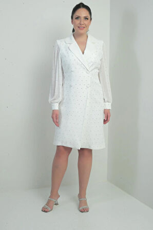 Kadın Kruvaze Yaka Önü Düğmeli Şifon Kollu Boncuklu Büyük Beden Kısa Elbise