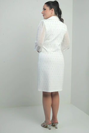 Kadın Kruvaze Yaka Önü Düğmeli Şifon Kollu Boncuklu Büyük Beden Kısa Elbise