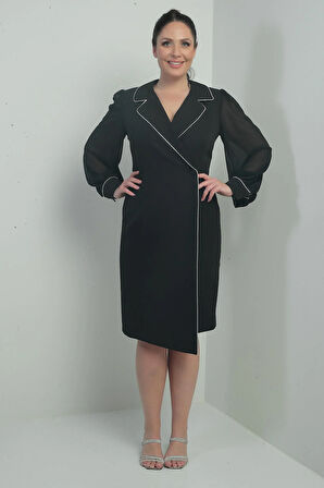 Kadın Kruvaze Yaka Kolları Şifon Tek Düğmeli Büyük Beden Kısa Elbise