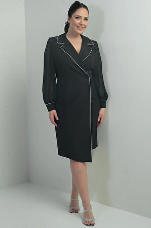 Kadın Kruvaze Yaka Kolları Şifon Tek Düğmeli Büyük Beden Kısa Elbise