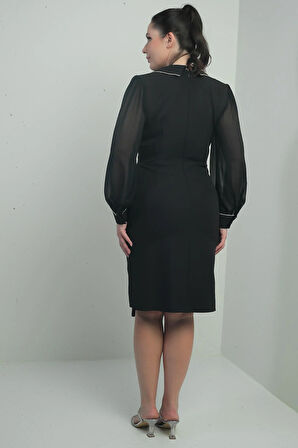 Kadın Kruvaze Yaka Kolları Şifon Tek Düğmeli Büyük Beden Kısa Elbise