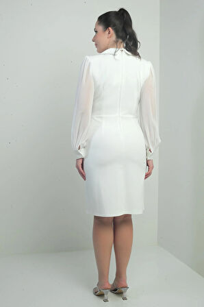 Kadın Kruvaze Yaka Kolları Şifon Tek Düğmeli Büyük Beden Kısa Elbise