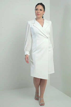 Kadın Kruvaze Yaka Kolları Şifon Tek Düğmeli Büyük Beden Kısa Elbise