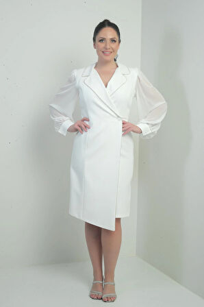 Kadın Kruvaze Yaka Kolları Şifon Tek Düğmeli Büyük Beden Kısa Elbise