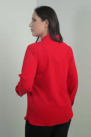 Kadın V Yaka Fularlı Krep Saten Büyük Beden Bluz