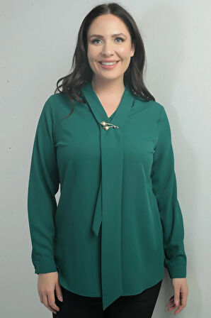 Kadın V Yaka Fularlı Krep Saten Büyük Beden Bluz