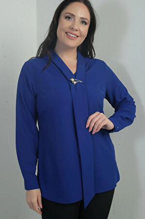 Kadın V Yaka Fularlı Krep Saten Büyük Beden Bluz