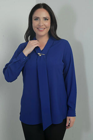 Kadın V Yaka Fularlı Krep Saten Büyük Beden Bluz